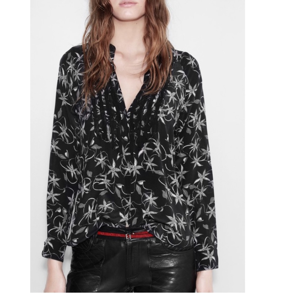Zadig & Voltaire Chai Carbone print  100% Silk long sleeve blouses shirt size M